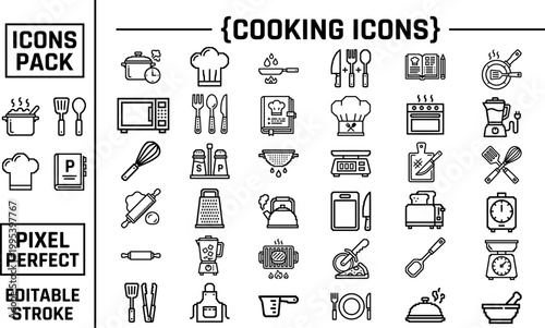 Cooking line icon set in editable vector style for recipe cards, kitchen apps, restaurant menus, and food blog graphics