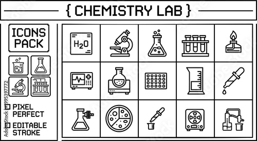 Chemistry laboratory outline icon pack in editable vector style for research dashboards, education materials, lab interface layouts