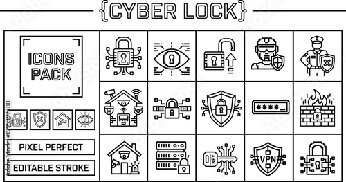 Cyber security line icon collection in editable vector style for data protection dashboards, login screens, and tech presentations