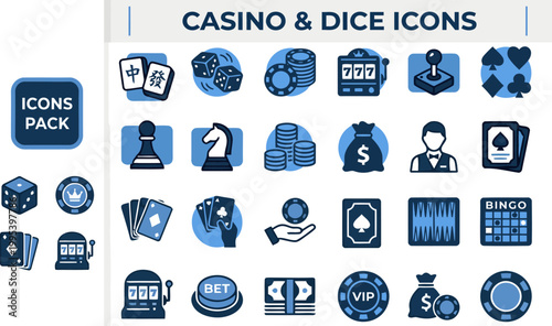 Casino gaming icon pack in bold vector style for betting apps, poker promotions, slot banners, and nightlife branding