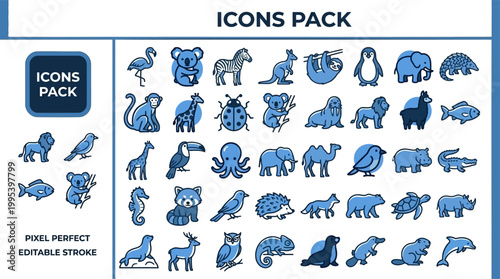 Wildlife glyph icon pack with diverse fauna in modern vector style for safari branding, learning materials, and web design