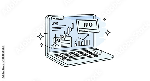 Digital Illustration of IPO Stock Market Trading on a Laptop