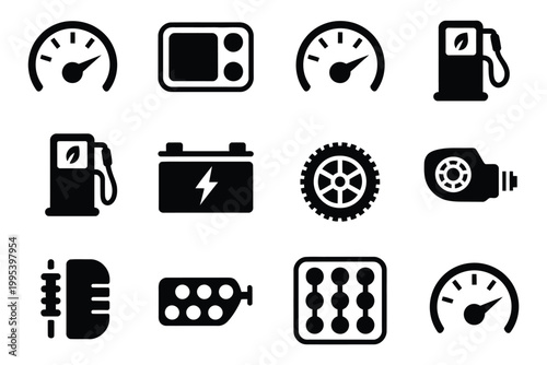 Speedometer icon set vector, car performance gauge with tire turbo odometer display gear and torque indicators for automotive dashboard design