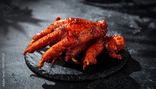 Meticulously Arranged Braised Chicken Feet With Rich Brown Glaze Glistening On A Dark Plate.