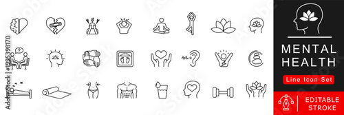 Mental Health Line Icon Set – Editable Stroke Psychology, Therapy, Mind Care, Anxiety, Depression, Wellness Outline Icons Pack