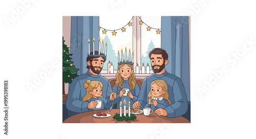 Family celebrating Saint Lucia Day with candle crowns and treats