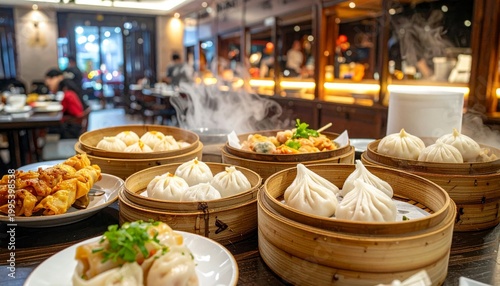Steaming Bamboo Baskets Overflowing with Fluffy White Bao and Delicate Shrimp Dumplings in an Asian Restaurant