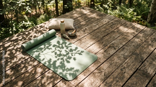 Dappled Sunlight and Yoga Mat on a Wooden Platform