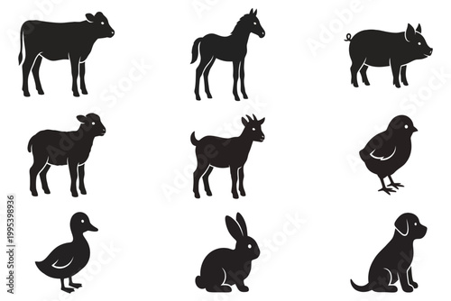 black silhouettes of various farm and domestic animals isolated on transparent background