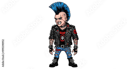 Cartoon Punk Rocker Character With Blue Mohawk And Leather Jacket