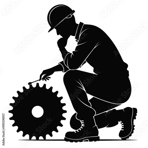 Industrial worker, laborer, silhouette, gear, mechanic, construction, worker, hard hat, black