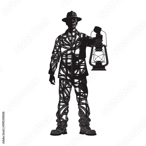 Black silhouette firefighter, lantern, geometric pattern, vector illustration, emergency responder