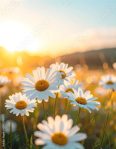 A vibrant field of daisies basks in the warm glow of the setting sun, creating a picturesque and serene landscape.