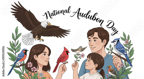 Detailed vector illustration celebrating National Audubon Day, featuring a family appreciating diverse bird species like eagles, cardinals, and blue jays amidst lush foliage, promoting bird