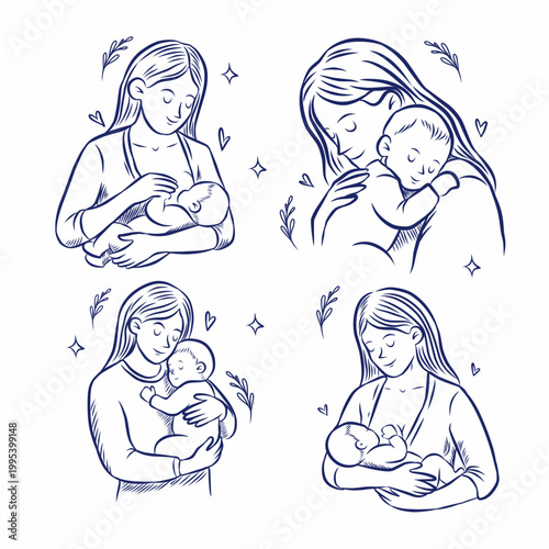 Mother and Newborn Baby Set - Breastfeeding Holding Cuddling Poses Hand Drawn Sketch Navy Blue Vector Illustration