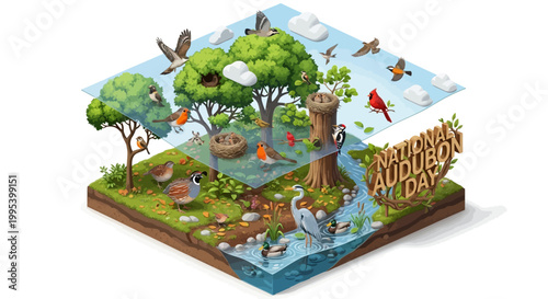 Isometric illustration celebrating National Audubon Day with diverse bird species inhabiting a layered landscape of trees, nests, and a stream, presented in a vector design that emphasizes