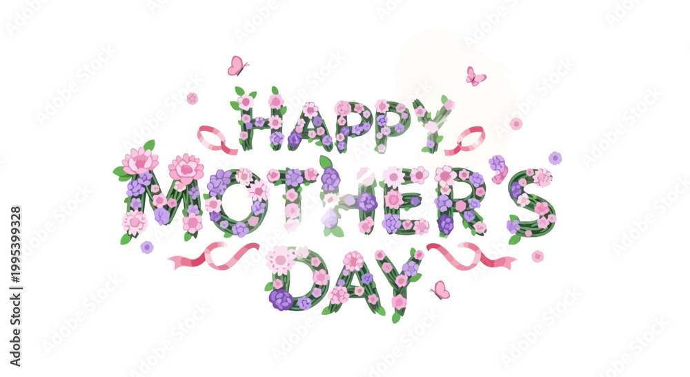 Obraz premium Happy Mother's Day floral text vector illustration with pink flowers