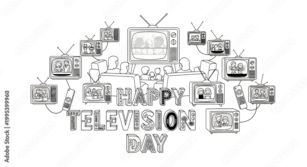 Naklejka premium Happy Television Day vector illustration with family and retro TVs