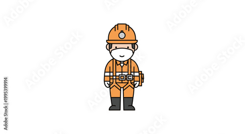 Cute cartoon miner in orange safety gear and protective mask vector