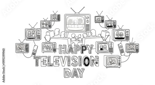 Happy Television Day vector illustration with family and retro TVs