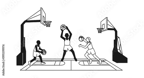 Minimalist vector illustration of basketball players on court
