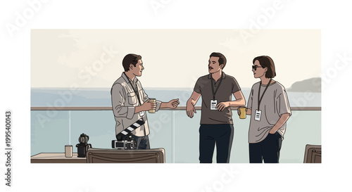 Film production crew talking on balcony by the sea illustration