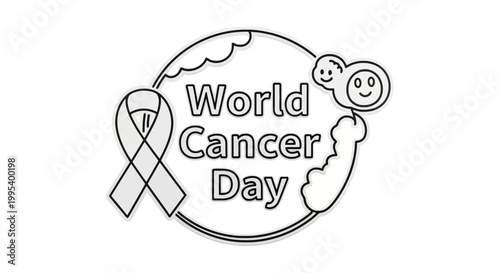 World Cancer Day awareness ribbon line art vector illustration