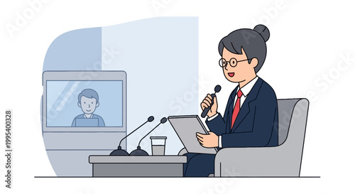 Vector illustration of a female news anchor conducting an interview