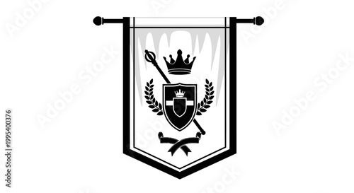 Black and white crest emblem banner.