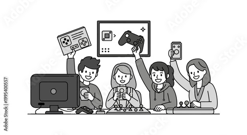 Friends playing video games together vector illustration