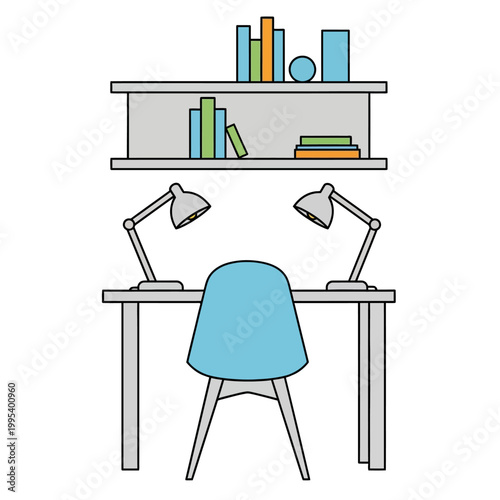 Simple office desk with blue chair.