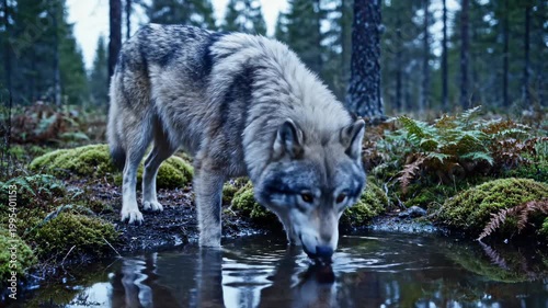 Majestic Wolf Drinks Water in Lush Forest.