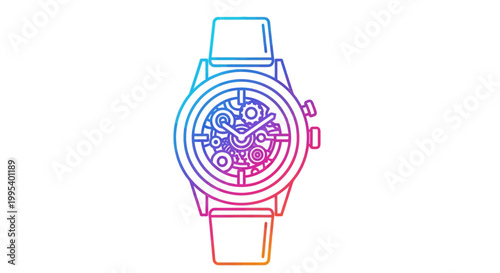 Vibrant gradient skeleton mechanical watch line art icon on white background for technology designs