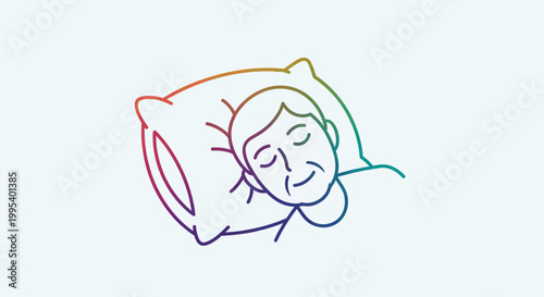 Peaceful sleep on a pillow for an elderly person illustrated with vibrant rainbow lines vector
