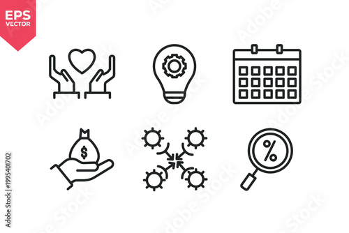 Set of line icons related to business, innovation, calendar, research, solution.  Editable stroke. Vector illustration