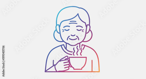 Warm beverage comfort: an illustration of a content elderly woman enjoying a steaming cup of tea