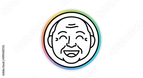 A cheerful elderly person's face radiating joy inside a vibrant rainbow-bordered circle design