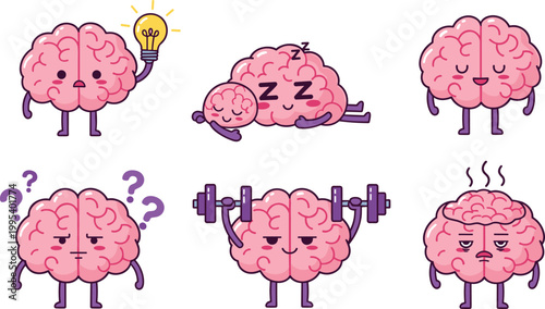 Cartoon brain character vector illustration, creative idea, meditation calm, mental strength exercise, confusion problem solving, stress exhaustion artwork