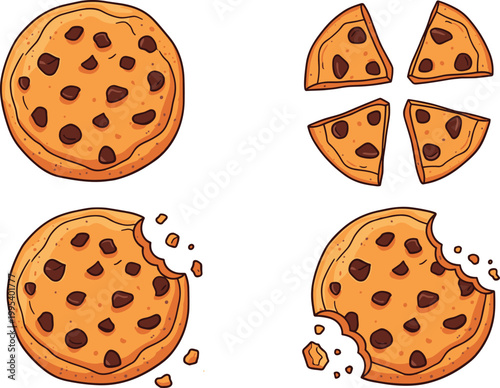 Cartoon chocolate chip cookies vector illustration, whole cookie, divided pieces, bitten stages, crumbs detail, dessert snack concept, sweet food artwork