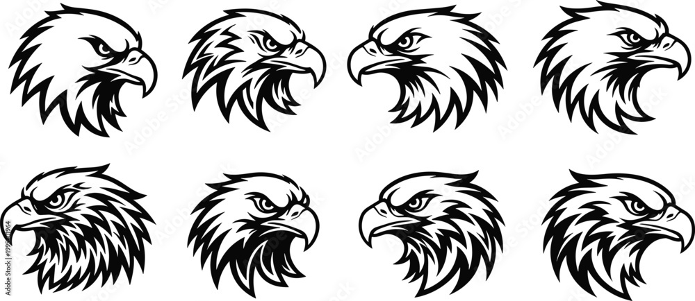 Obraz premium Eagle head vector illustration, fierce bird profile artwork, bold black and white design, freedom strength symbol, tattoo emblem concept