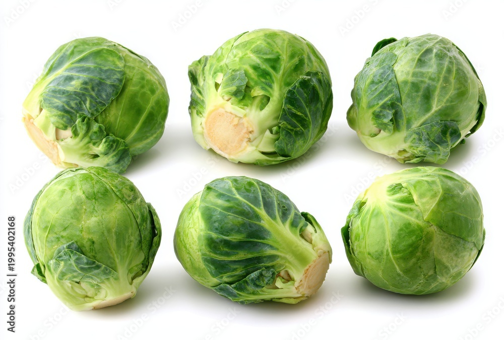 Fototapeta premium Six Fresh Green Brussels Sprouts With White Stems On A Clean White Background Illuminated By Soft Studio Lighting