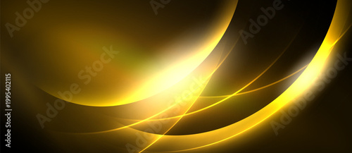 Abstract golden waves, bright light source. Smooth curves create dynamic, elegant visual effect. Dark background emphasizes luminosity.