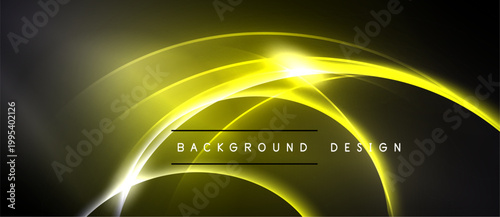 Abstract yellow light curves form dynamic background. Bright center radiates energy, creating modern design element. Smooth gradients enhance visual impact.