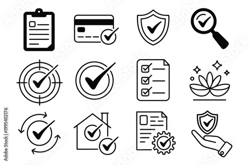 Subscription processed vector icon set, calm trust and confirmation symbols for payment success renewal and secure subscription workflow interface design