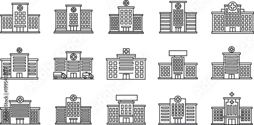 Hospital building icons, medical facility structures, healthcare architecture illustration, emergency cross symbols, clinic design vector collection