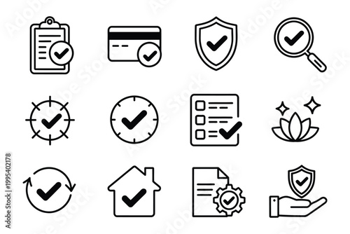 Subscription processed vector icon set, calm trust and confirmation symbols for payment success renewal and secure subscription workflow interface design