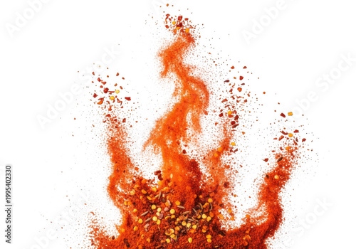 Vibrant red chili powder and flakes exploding upwards in a flame shape, isolated on transparent background