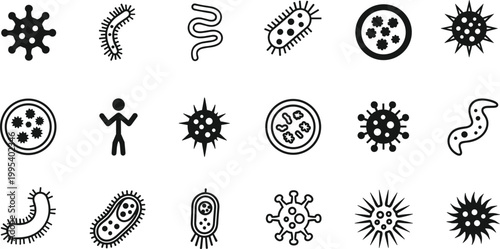 Microorganism and virus icons vector illustration, bacteria pathogen artwork, infection symbol design, medical science motif, microscopic organism graphics