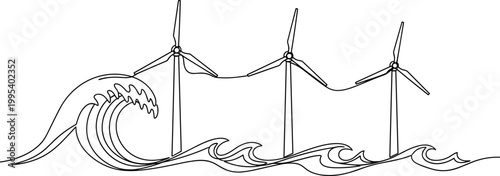 Offshore wind turbines, renewable energy illustration, ocean waves power, sustainable electricity generation, eco friendly clean energy vector design