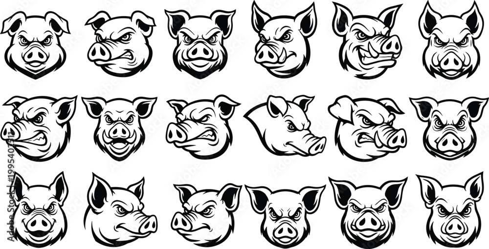 Obraz premium Pig head icons, stylized animal faces, cartoon pig expressions, bold black and white illustration, farm animal character design collection